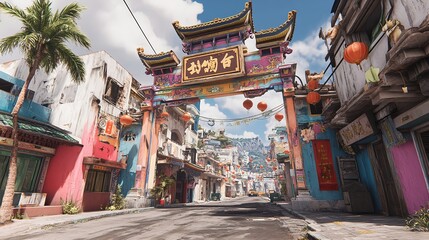 Decorated Chinese Gate Adorned with Lanterns for Fortune Display