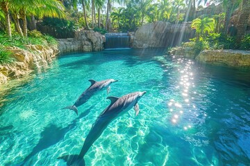 majestic dolphins gliding through crystal-clear turquoise waters, sunbeams creating dancing light patterns, tropical fish and coral adding vibrant splashes of color