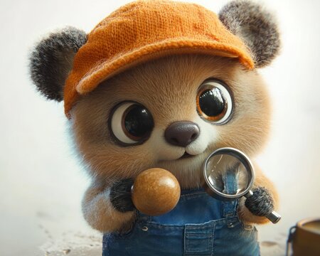 Curious bear cub scientist exploring, workshop background, kids' edutainment