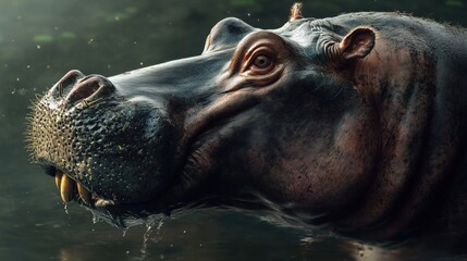 A massive hippopotamus, with its jaws wide open, stands at the water’s edge, its powerful form and intimidating presence highlighted against the African savanna.