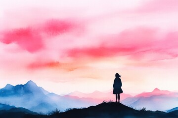 A dreamy watercolor depiction of a person tentatively climbing a hill under a twilight sky, with soft pastel hues and delicate brushstrokes