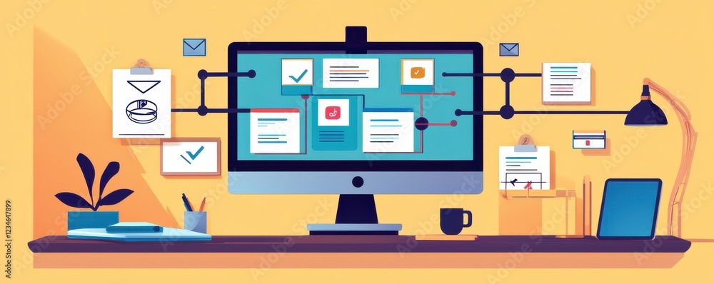 Aufkleber a colorful digital workspace featuring a computer with various documents, notes, and a plant, creati