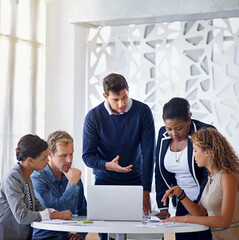 Business people, proposal or laptop in meeting for presentation, teamwork or budget review....