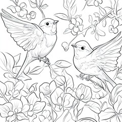 Obraz premium Sweet Pea Blossoms and Birds A Delightful Spring Scene for Home Decor and Design