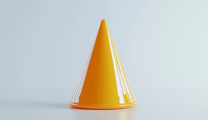 Bright yellow glossy cone shape on white background, minimalist 3D render. Clean lines, simple geometry, reflective surface