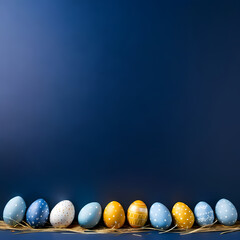 dark blue background copy space with easter eggs and decoration, free space for text and greetings  
