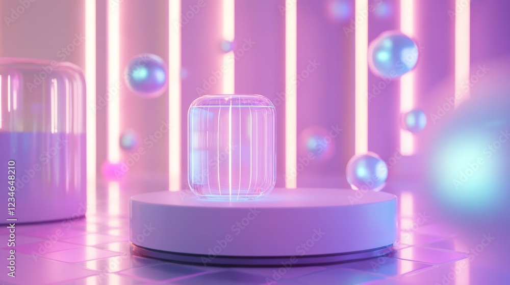 Poster a futuristic scene featuring a glowing transparent container on a pedestal, surrounded by colorful b