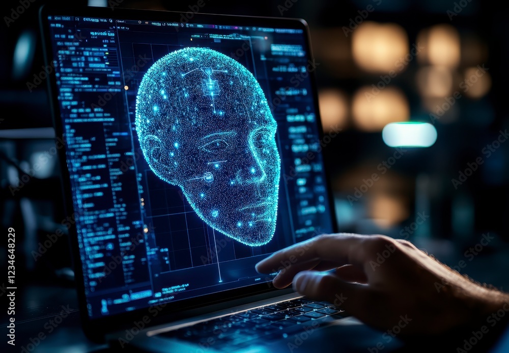 Poster close up of a hand interacting with a laptop displaying a digital rendering of a human face composed