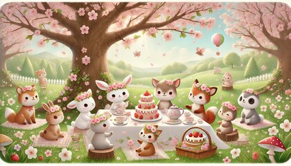 A delightful illustration of woodland animals enjoying a serene tea party under a blooming sakura tree with pastel tones and a whimsical atmosphere