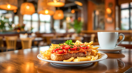 Toast With Savory Topping and Fries with Coffee