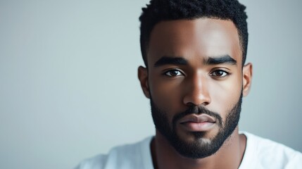 Obraz premium A close-up portrait showcases the serious and contemplative expression of a young African American man, highlighting his intensity and character.