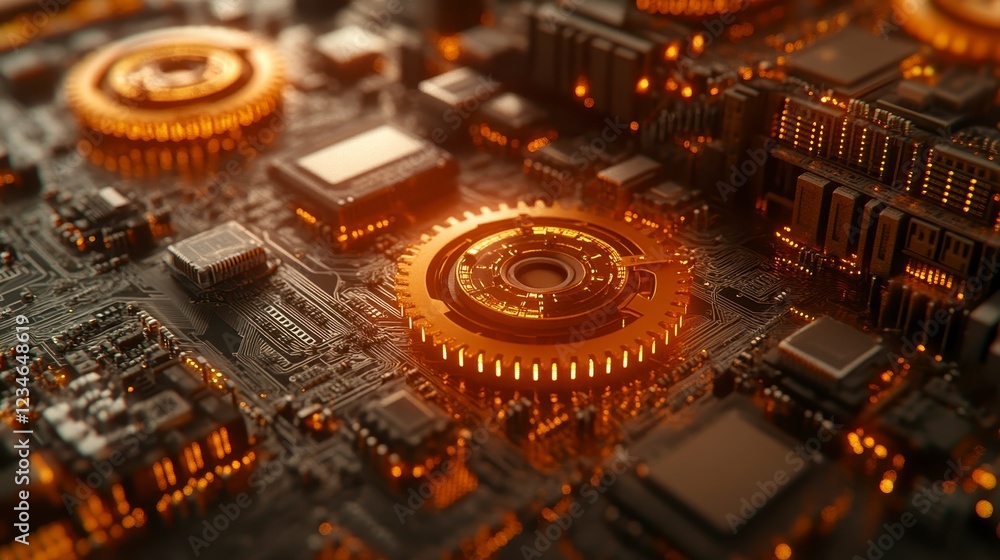 Poster close up view of a circuit board with glowing orange gears, showcasing intricate details and a techn