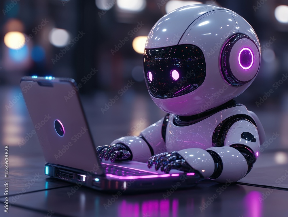 Poster a futuristic robot typing on a laptop with glowing features.