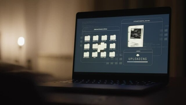 Secret and sensitive information being uploaded to cloud server from laptop. Security breach or cyber crime. Computer in dark room showing system leak by remote access to confidential agency database