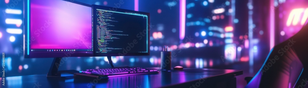 Poster a vibrant workspace featuring a dual-monitor setup, illuminated by neon lights, showcasing coding an