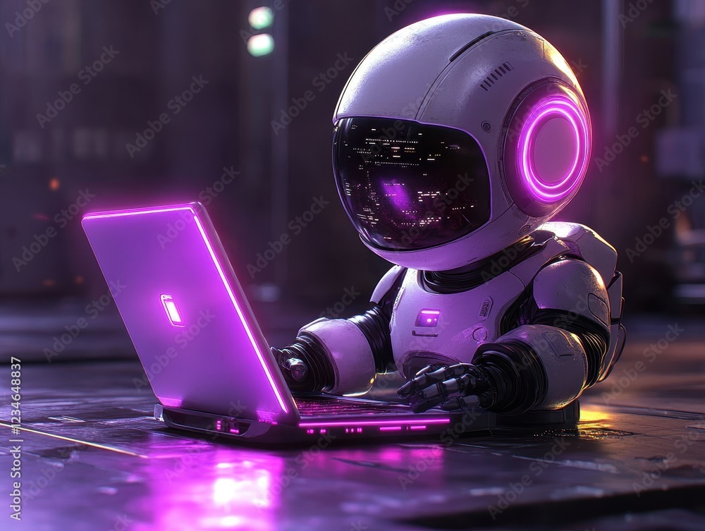 Poster a futuristic robot working on a laptop with neon accents in a tech setting.