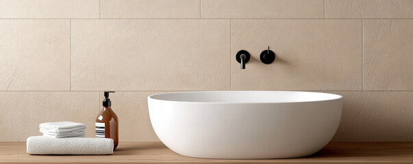 Minimalist bathroom design with white freestanding tub and modern fixtures. serene atmosphere invites relaxation