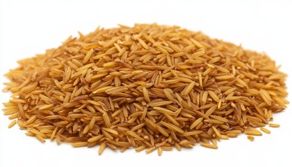 Close up view of a pile of golden brown rice grains against a white background. The grains are elongated and slender, and the overall texture appears