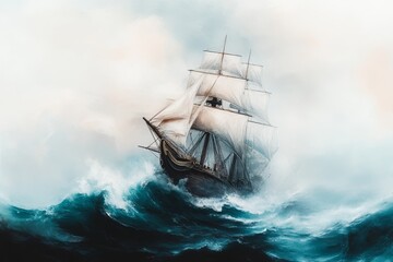 A dreamy watercolor depiction of a substantial ship sailing on a vast ocean, with soft waves and pastel hues blending into the horizon