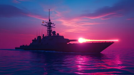 Fototapeta premium Dramatic Warship Firing Anti-Ship Missiles at Sunset with 400mm Lens