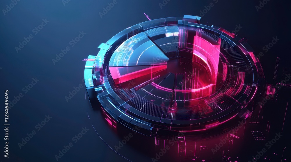 Poster a futuristic, digital interface featuring vibrant blue and pink geometric shapes and circular patter
