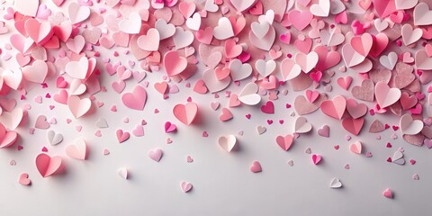 Pink confetti scattered on a white background with delicate paper hearts in various shapes and sizes floating upwards, creating a whimsical atmosphere, colorful, float