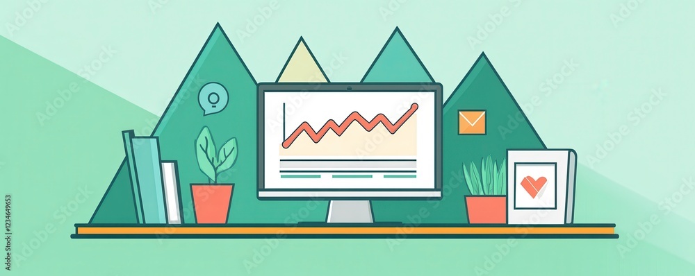 Aufkleber a modern workspace with a computer displaying a growth chart, surrounded by plants and books, set ag
