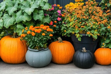 Colorful Autumn Display with Pumpkins and Flowers
