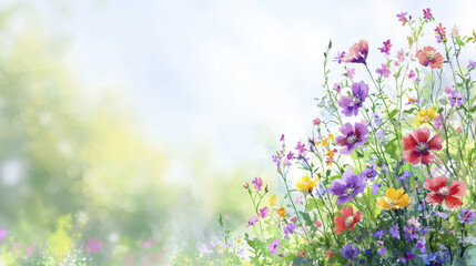 Obraz premium vibrant watercolor illustration of blooming flowers in various colors, creating serene and cheerful atmosphere