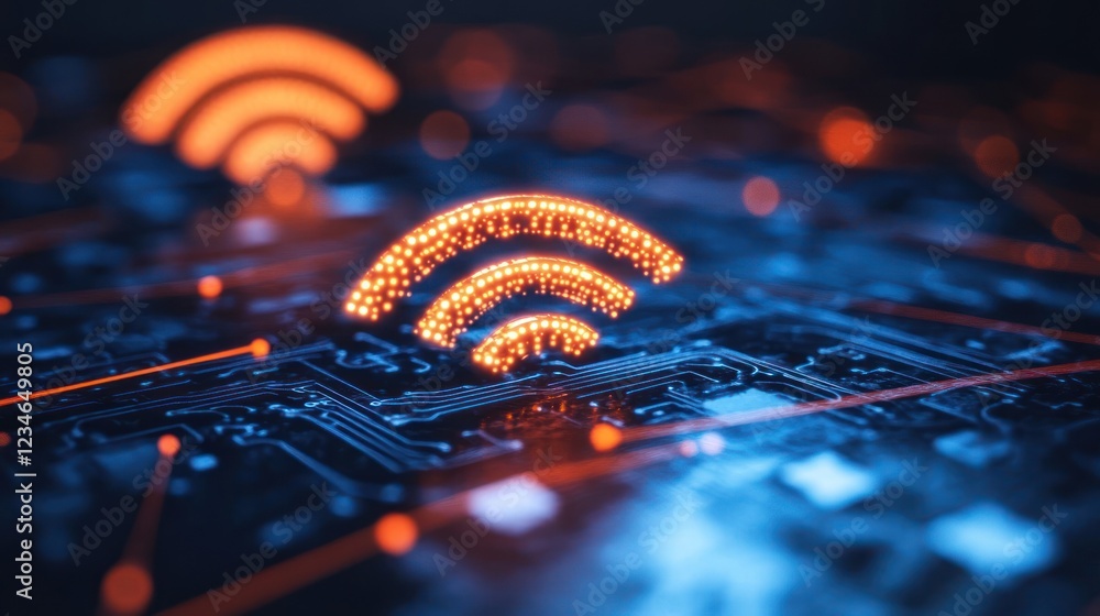 Poster glowing wifi symbol on a circuit board, representing internet connectivity and technology.