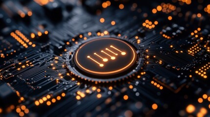 Glowing network symbol on a circuit board.