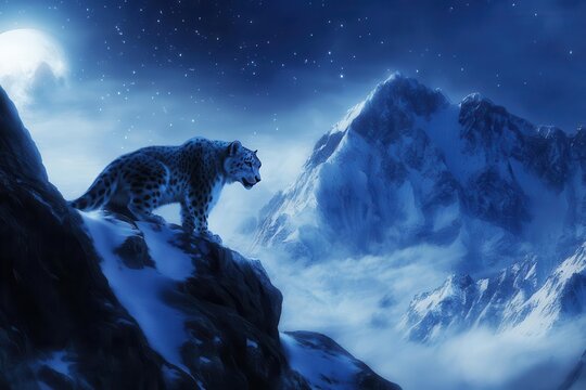 majestic snow leopard prowling through moonlit himalayan peaks, mystical fog swirling, crystalline snow particles catching starlight