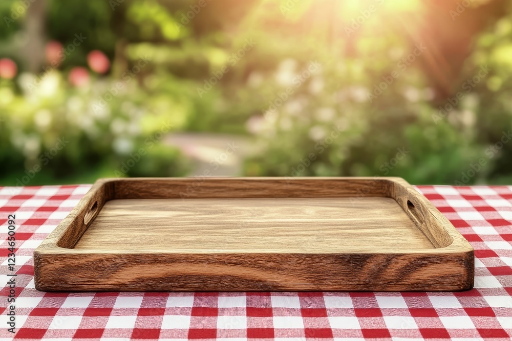 Poster an empty wooden tray is placed on a table covered by a red tablecloth, framed by blurry trees and a 