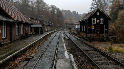 Obraz premium Autumnal train station in valley, misty day. Travel poster