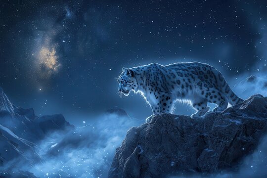 majestic snow leopard prowling through moonlit himalayan peaks, mystical fog swirling, crystalline snow particles catching starlight