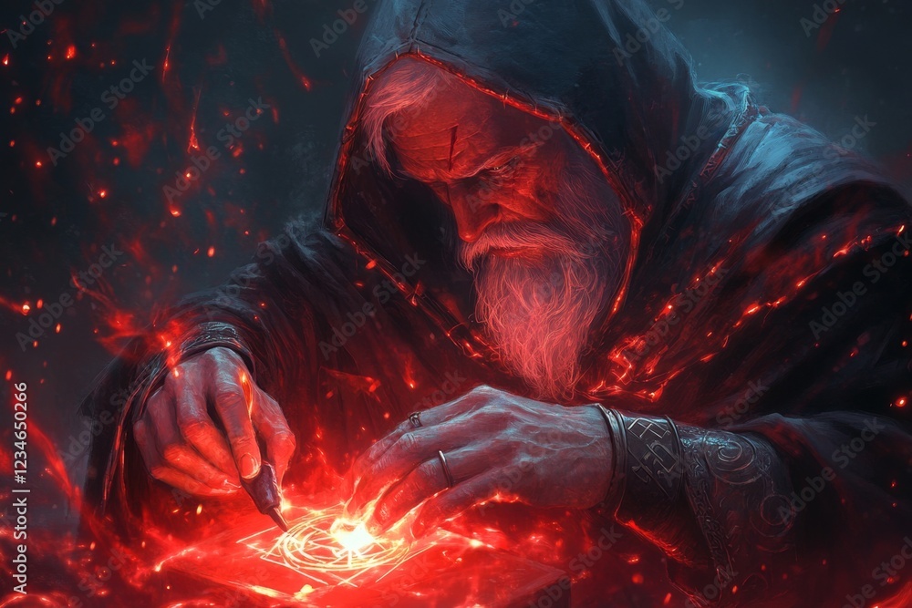 Aufkleber a fantasy scene of a wizard meticulously crafting an enchanted amulet, with glowing runes floating i