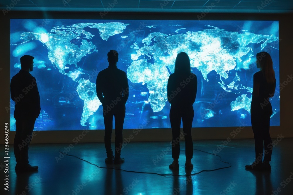 Poster a group of four people silhouetted against a glowing world map display, engaged in observation and i