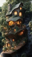 Glowing dwelling with steps in foliage, rocky surround, fantasy backdrop