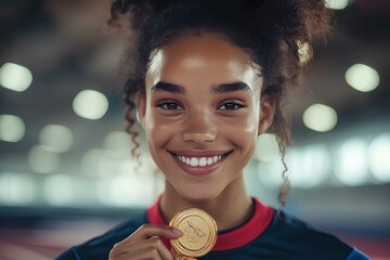 Naklejka premium A woman in her holding a gold medal while beaming with pride at an indoor sports event, bright stadium lights and neatly arranged frame for overlay 