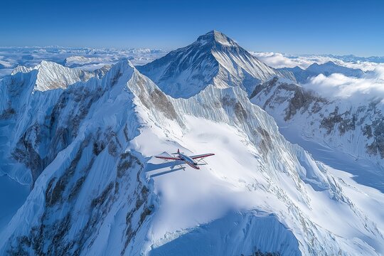 Spectacular aerial view of a plane flying above snow-capped mountains with Everest in the distance