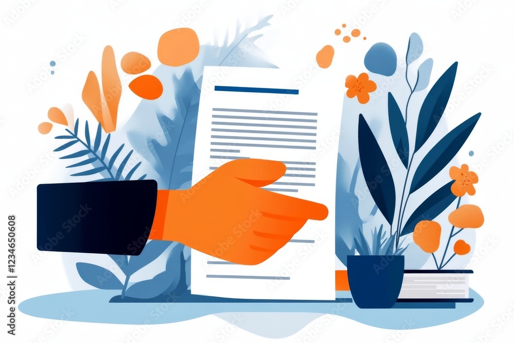 Poster a flat 2d design of a person handing over a completed document to an official, with bold, simple sha