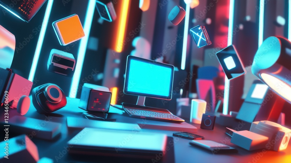 Poster a vibrant workspace featuring a floating computer and various tech gadgets surrounded by colorful li