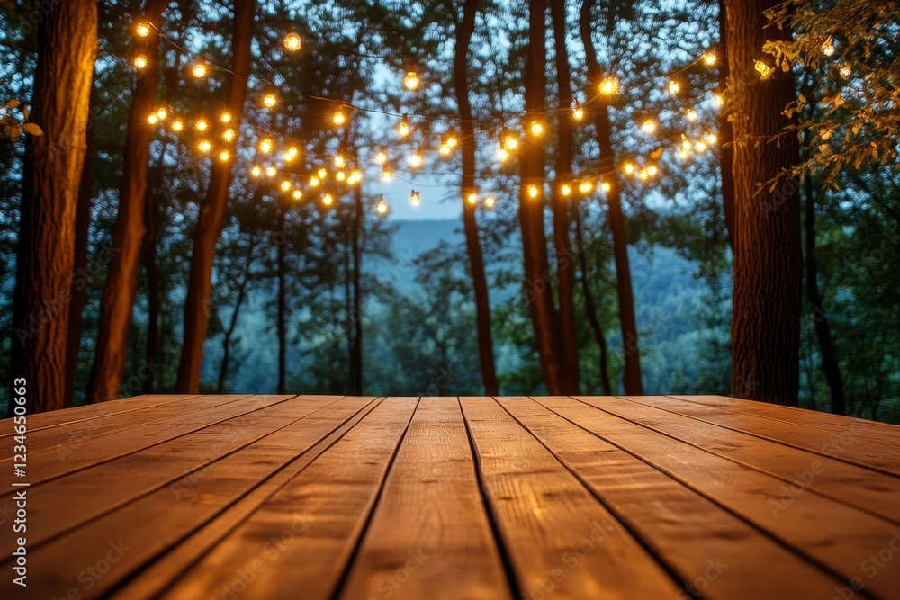 Poster a depiction of weathered wood planks in the foreground with a forest setting in the background