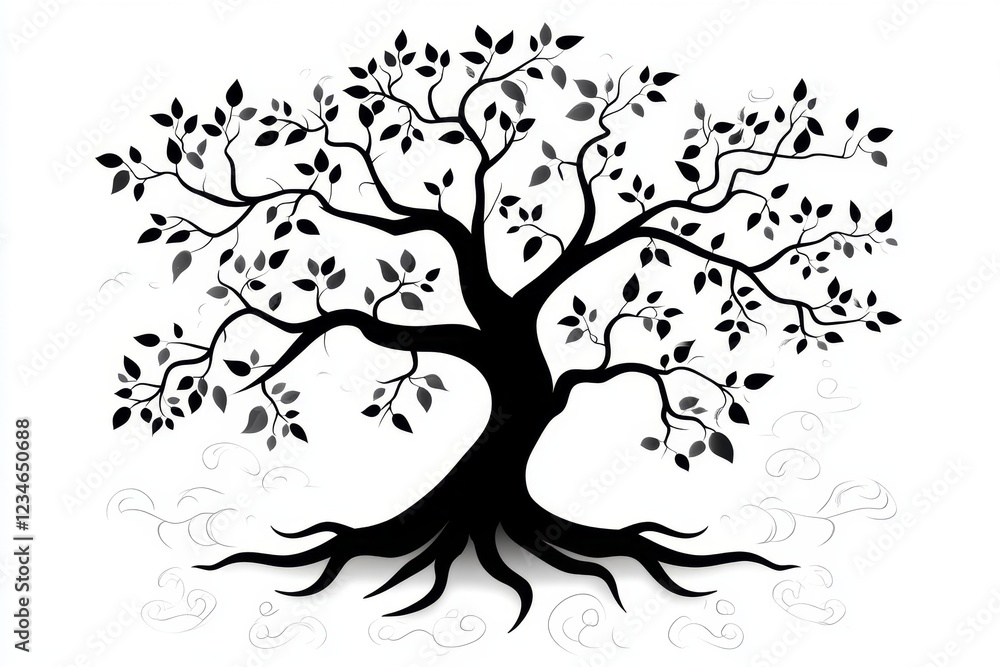 Poster a flat 2d design of a substantial tree with sprawling branches and roots, symbolizing stability and 