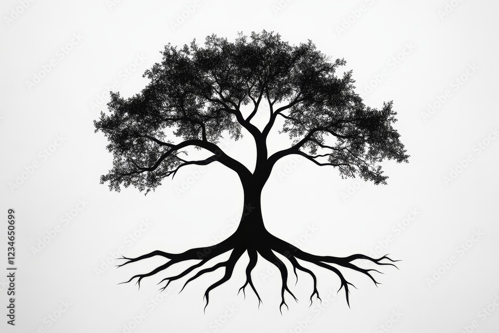 Poster a flat 2d design of a substantial tree with sprawling branches and roots, symbolizing stability and 