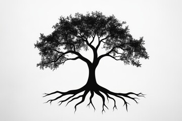A flat 2D design of a substantial tree with sprawling branches and roots, symbolizing stability and growth, drawn in bold lines on a white canvas