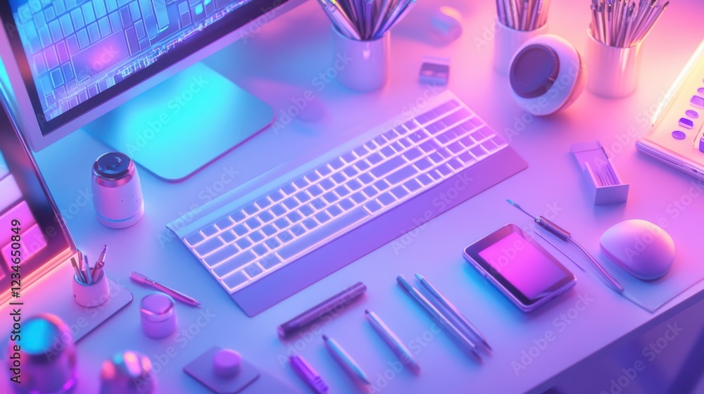 Poster a vibrant workspace setup featuring a keyboard, pens, and a computer monitor, illuminated with color
