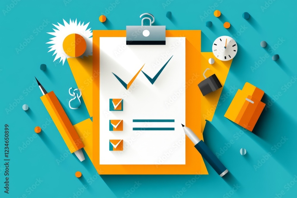 Poster A flat vector design of a checklist with every box ticked, representing sufficient completion, drawn in bold lines and bright green accents