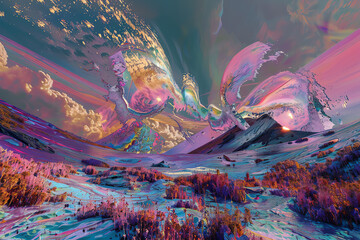 Capture the dynamic energy of a virtual reality universe with a wide-angle, abstract art piece Utilize unexpected camera angles to immerse viewers in a surreal, digital landscape Experiment with vivid