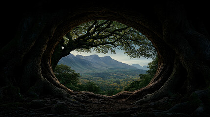 Mountain view framed by tree roots; nature background; scenic wallpaper